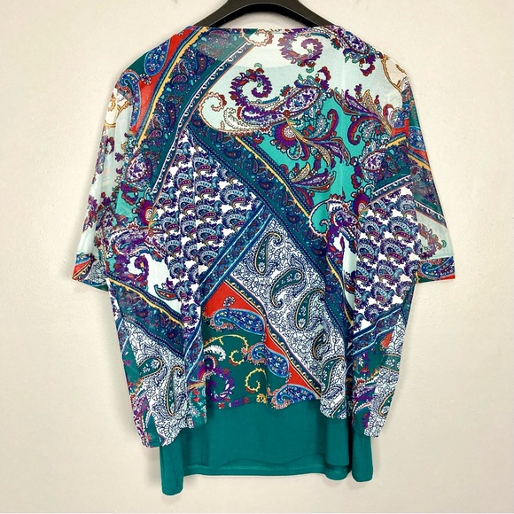 Chico’s Paisley Overlay Top Women’s Size M Boat Neck Short Sleeve Mesh Boat Neck - Picture 8 of 11